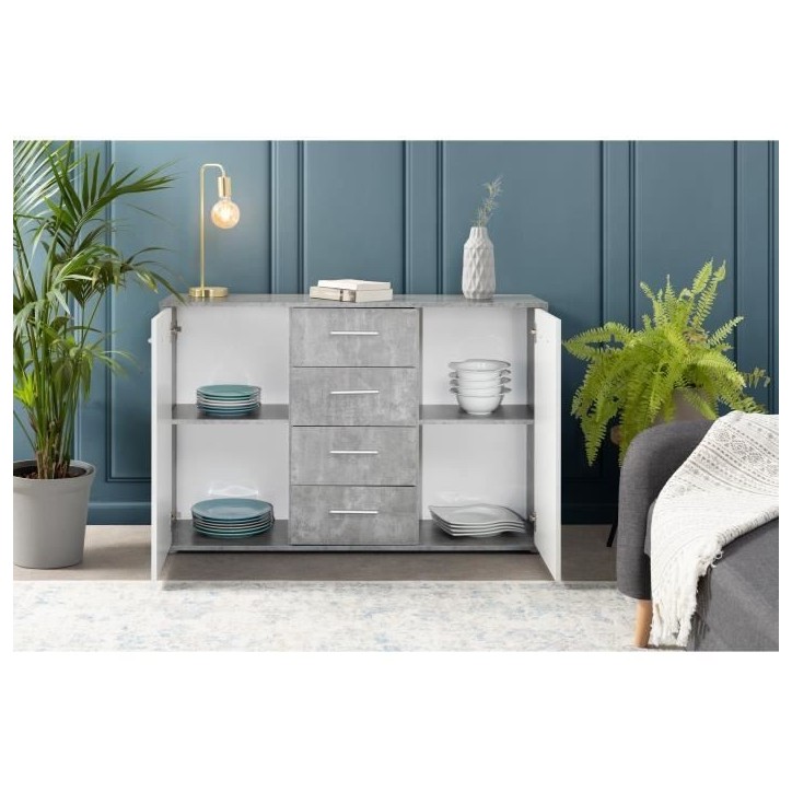 Buffet bas PILVI - 2 portes et 4 tiroirs - Blanc et béton clair - L 122,6 x P 34,2 x H 81,1 cm Buffet bas PILVI - 2 portes et 4 tiroirs - Blanc et béton clair - L 122,6 x P 34,2 x H 81,1 cm
