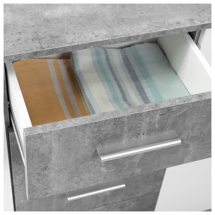 Buffet bas PILVI - 2 portes et 4 tiroirs - Blanc et béton clair - L 122,6 x P 34,2 x H 81,1 cm Buffet bas PILVI - 2 portes et 4 tiroirs - Blanc et béton clair - L 122,6 x P 34,2 x H 81,1 cm