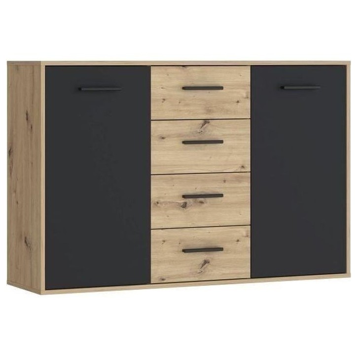 Buffet PILVI - Style contemporain - Particules mélaminé - Décor Chene et noir - 2 portes + 4 tiroirs - L 122,6 x P 34,2 x H 8 Buffet PILVI - Style contemporain - Particules mélaminé - Décor Chene et noir - 2 portes + 4 tiroirs - L 122,6 x P 34,2 x H 8
