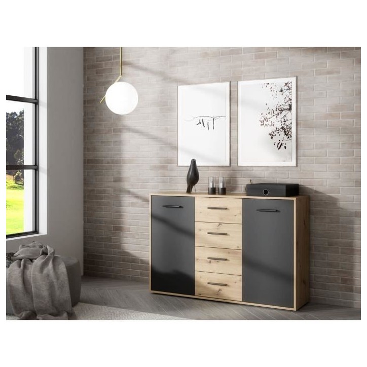 Buffet PILVI - Style contemporain - Particules mélaminé - Décor Chene et noir - 2 portes + 4 tiroirs - L 122,6 x P 34,2 x H 8 Buffet PILVI - Style contemporain - Particules mélaminé - Décor Chene et noir - 2 portes + 4 tiroirs - L 122,6 x P 34,2 x H 8