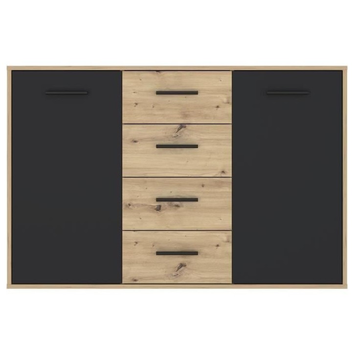 Buffet PILVI - Style contemporain - Particules mélaminé - Décor Chene et noir - 2 portes + 4 tiroirs - L 122,6 x P 34,2 x H 8 Buffet PILVI - Style contemporain - Particules mélaminé - Décor Chene et noir - 2 portes + 4 tiroirs - L 122,6 x P 34,2 x H 8