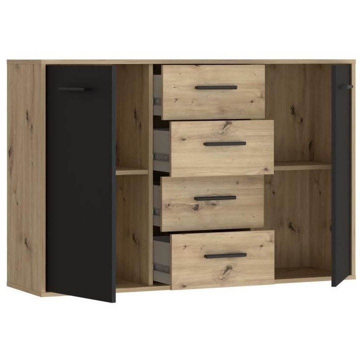 Buffet PILVI - Style contemporain - Particules mélaminé - Décor Chene et noir - 2 portes + 4 tiroirs - L 122,6 x P 34,2 x H 8 Buffet PILVI - Style contemporain - Particules mélaminé - Décor Chene et noir - 2 portes + 4 tiroirs - L 122,6 x P 34,2 x H 8