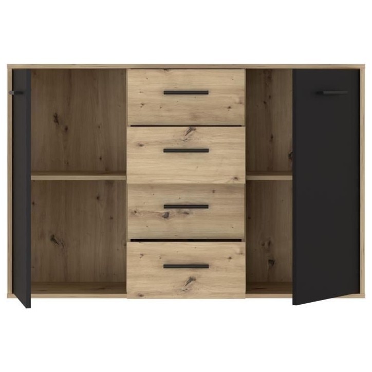 Buffet PILVI - Style contemporain - Particules mélaminé - Décor Chene et noir - 2 portes + 4 tiroirs - L 122,6 x P 34,2 x H 8 Buffet PILVI - Style contemporain - Particules mélaminé - Décor Chene et noir - 2 portes + 4 tiroirs - L 122,6 x P 34,2 x H 8