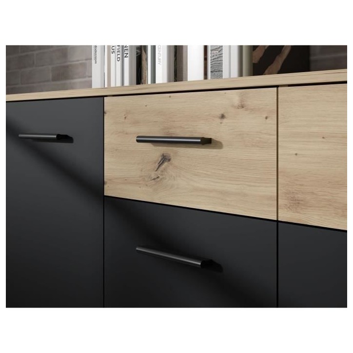 Buffet PILVI - Style contemporain - Particules mélaminé - Décor Chene et noir - 2 portes + 4 tiroirs - L 122,6 x P 34,2 x H 8 Buffet PILVI - Style contemporain - Particules mélaminé - Décor Chene et noir - 2 portes + 4 tiroirs - L 122,6 x P 34,2 x H 8