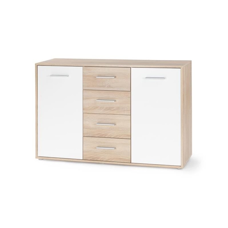Buffet bas PILVI - 2 portes et 4 tiroirs - Blanc et chene sonoma - L 1