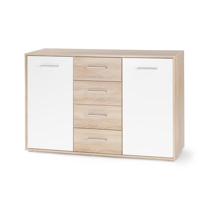 Buffet bas PILVI - 2 portes et 4 tiroirs - Blanc et chene sonoma - L 122,6 x P 34,2 x H 81,1 cm Buffet bas PILVI - 2 portes et 4 tiroirs - Blanc et chene sonoma - L 122,6 x P 34,2 x H 81,1 cm