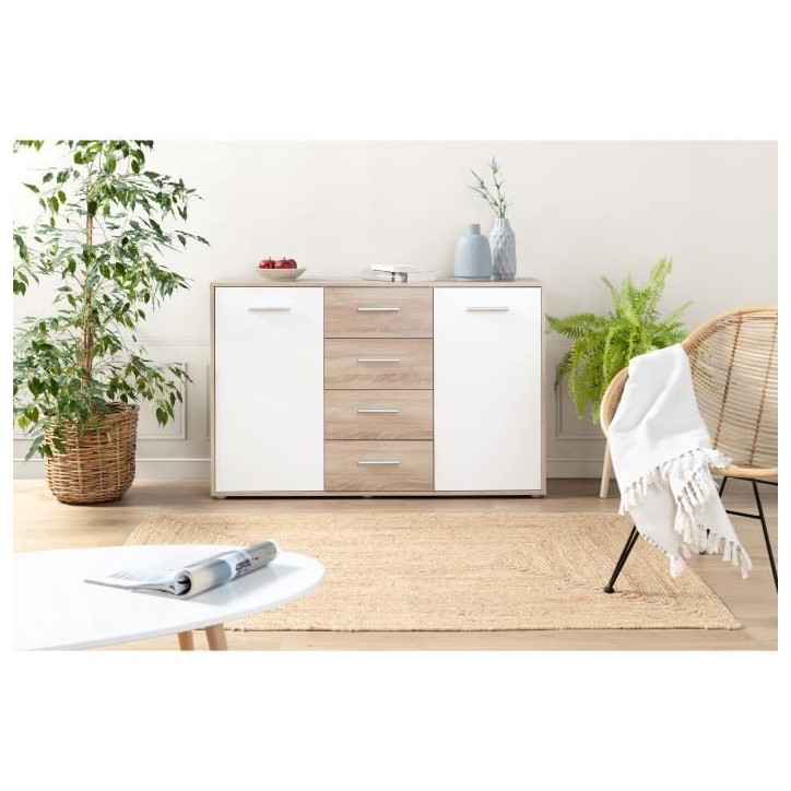 Buffet bas PILVI - 2 portes et 4 tiroirs - Blanc et chene sonoma - L 122,6 x P 34,2 x H 81,1 cm Buffet bas PILVI - 2 portes et 4 tiroirs - Blanc et chene sonoma - L 122,6 x P 34,2 x H 81,1 cm