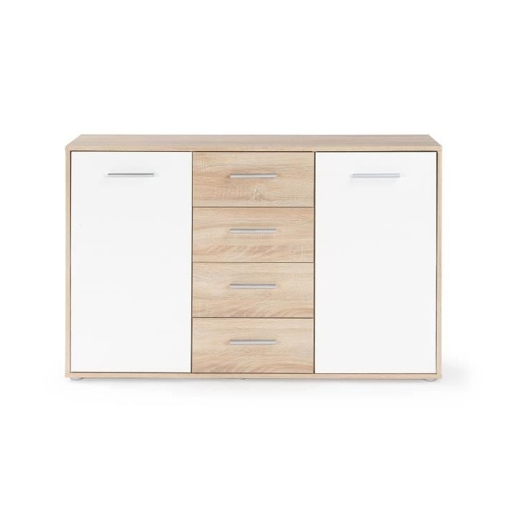 Buffet bas PILVI - 2 portes et 4 tiroirs - Blanc et chene sonoma - L 122,6 x P 34,2 x H 81,1 cm Buffet bas PILVI - 2 portes et 4 tiroirs - Blanc et chene sonoma - L 122,6 x P 34,2 x H 81,1 cm