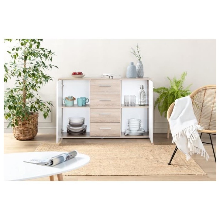 Buffet bas PILVI - 2 portes et 4 tiroirs - Blanc et chene sonoma - L 122,6 x P 34,2 x H 81,1 cm Buffet bas PILVI - 2 portes et 4 tiroirs - Blanc et chene sonoma - L 122,6 x P 34,2 x H 81,1 cm