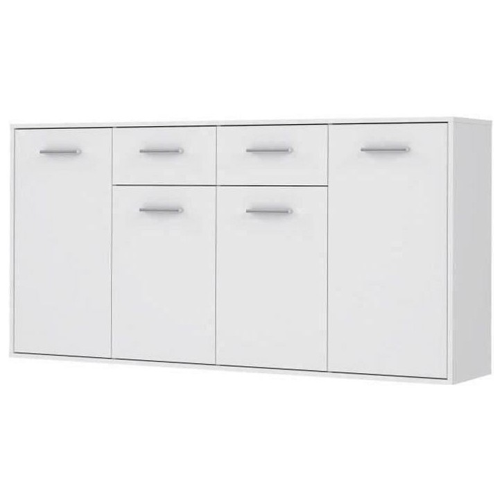Buffet bas PILVI - 4 portes et 2 tiroirs - Blanc mat - L 162,3 x P 34,2 x H 88,1 cm Buffet bas PILVI - 4 portes et 2 tiroirs - Blanc mat - L 162,3 x P 34,2 x H 88,1 cm