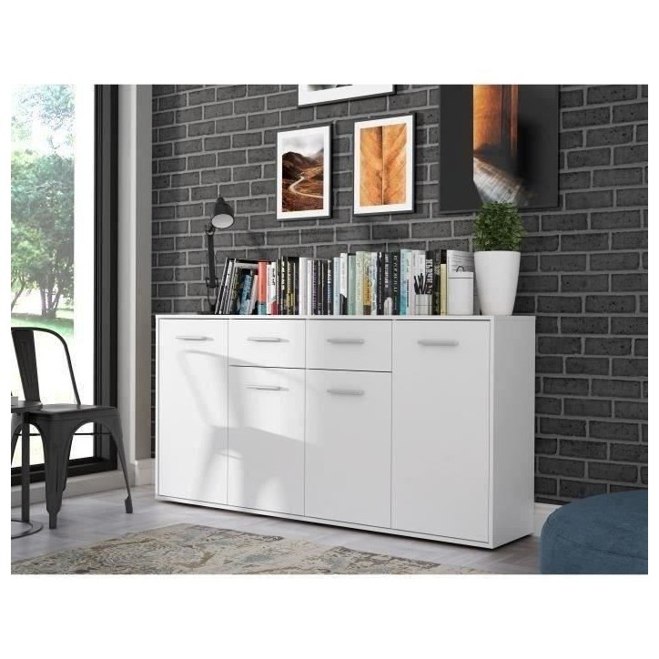 Buffet bas PILVI - 4 portes et 2 tiroirs - Blanc mat - L 162,3 x P 34,2 x H 88,1 cm Buffet bas PILVI - 4 portes et 2 tiroirs - Blanc mat - L 162,3 x P 34,2 x H 88,1 cm