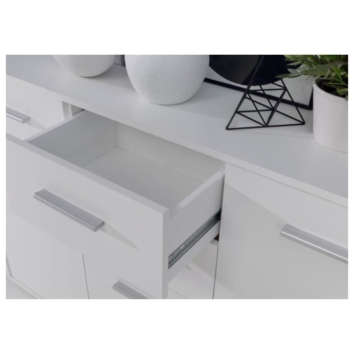 Buffet bas PILVI - 4 portes et 2 tiroirs - Blanc mat - L 162,3 x P 34,2 x H 88,1 cm Buffet bas PILVI - 4 portes et 2 tiroirs - Blanc mat - L 162,3 x P 34,2 x H 88,1 cm