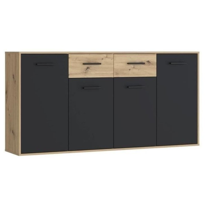 Buffet PILVI - Style contemporain - Particules mélaminé - Décor Chene et noir - 4 portes + 2 tiroirs - L 162,3 x P 34,2 x H 8 Buffet PILVI - Style contemporain - Particules mélaminé - Décor Chene et noir - 4 portes + 2 tiroirs - L 162,3 x P 34,2 x H 8