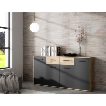 Buffet PILVI - Style contemporain - Particules mélaminé - Décor Chene et noir - 4 portes + 2 tiroirs - L 162,3 x P 34,2 x H 8