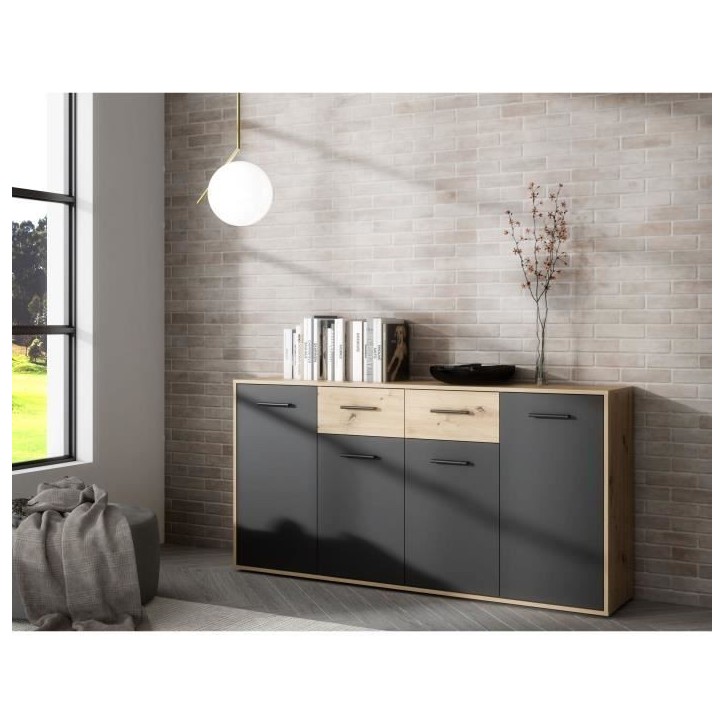 Buffet PILVI - Style contemporain - Particules mélaminé - Décor Chene et noir - 4 portes + 2 tiroirs - L 162,3 x P 34,2 x H 8 Buffet PILVI - Style contemporain - Particules mélaminé - Décor Chene et noir - 4 portes + 2 tiroirs - L 162,3 x P 34,2 x H 8