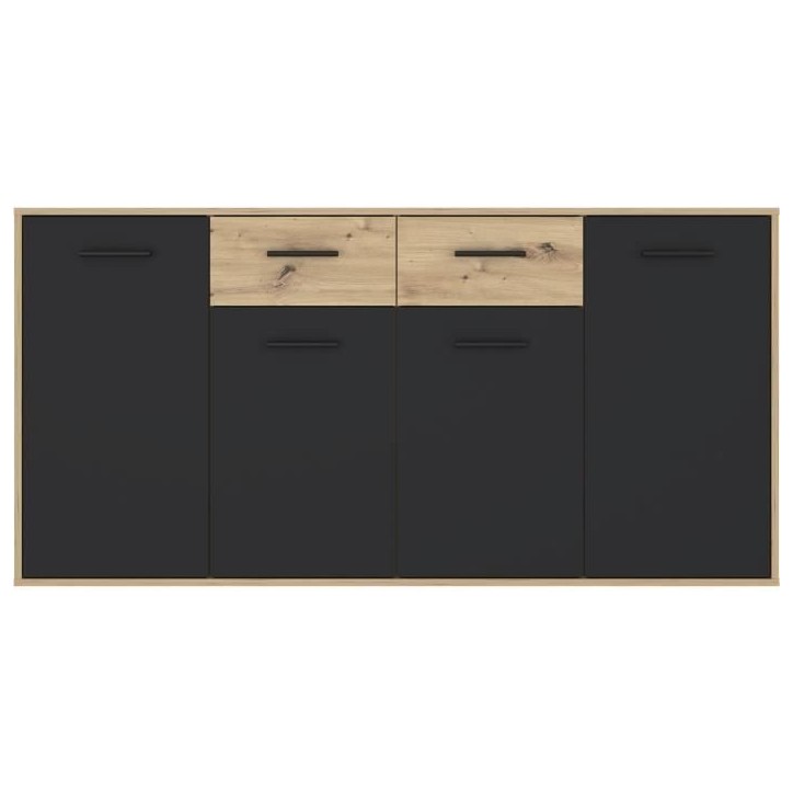 Buffet PILVI - Style contemporain - Particules mélaminé - Décor Chene et noir - 4 portes + 2 tiroirs - L 162,3 x P 34,2 x H 8 Buffet PILVI - Style contemporain - Particules mélaminé - Décor Chene et noir - 4 portes + 2 tiroirs - L 162,3 x P 34,2 x H 8