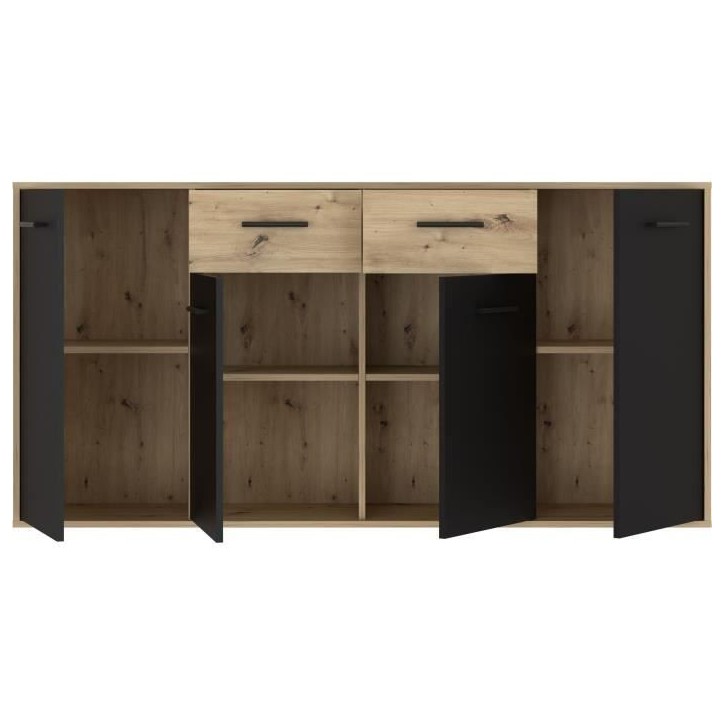 Buffet PILVI - Style contemporain - Particules mélaminé - Décor Chene et noir - 4 portes + 2 tiroirs - L 162,3 x P 34,2 x H 8 Buffet PILVI - Style contemporain - Particules mélaminé - Décor Chene et noir - 4 portes + 2 tiroirs - L 162,3 x P 34,2 x H 8