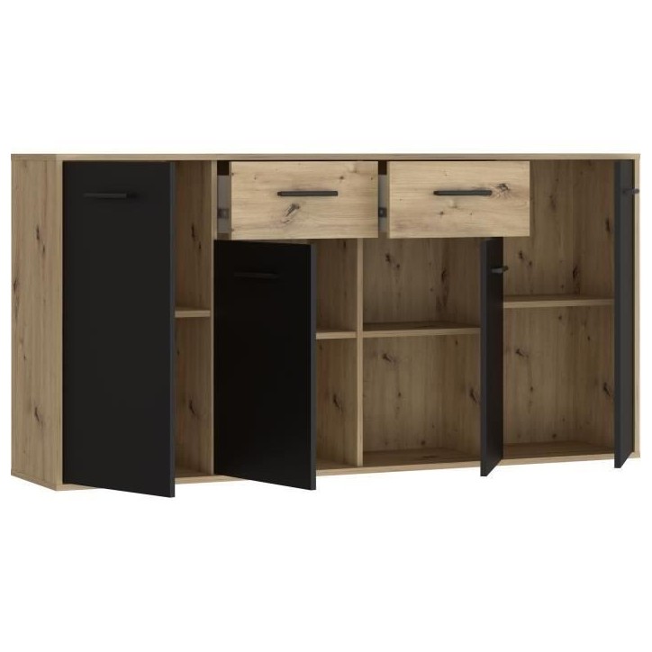 Buffet PILVI - Style contemporain - Particules mélaminé - Décor Chene et noir - 4 portes + 2 tiroirs - L 162,3 x P 34,2 x H 8 Buffet PILVI - Style contemporain - Particules mélaminé - Décor Chene et noir - 4 portes + 2 tiroirs - L 162,3 x P 34,2 x H 8