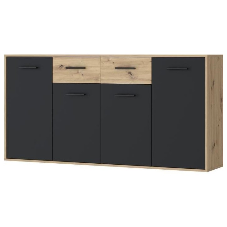 Buffet PILVI - Style contemporain - Particules mélaminé - Décor Chene et noir - 4 portes + 2 tiroirs - L 162,3 x P 34,2 x H 8 Buffet PILVI - Style contemporain - Particules mélaminé - Décor Chene et noir - 4 portes + 2 tiroirs - L 162,3 x P 34,2 x H 8