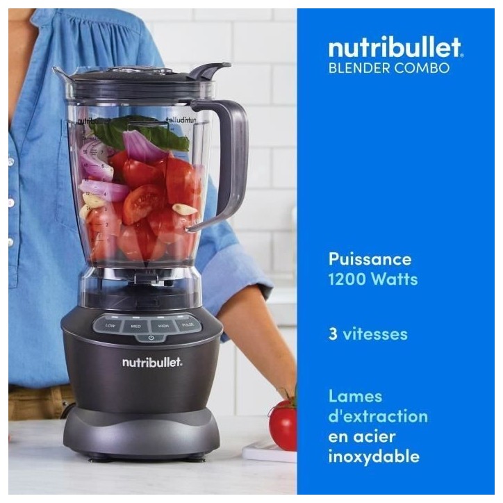 Blender - NUTRIBULLET Combo - NBF500DG - 1200 Watt - Pichet 1.65L - 2 tasses et 2 couvercles de voyage inclus - Noir - Sans BPA Blender - NUTRIBULLET Combo - NBF500DG - 1200 Watt - Pichet 1.65L - 2 tasses et 2 couvercles de voyage inclus - Noir - Sans BPA