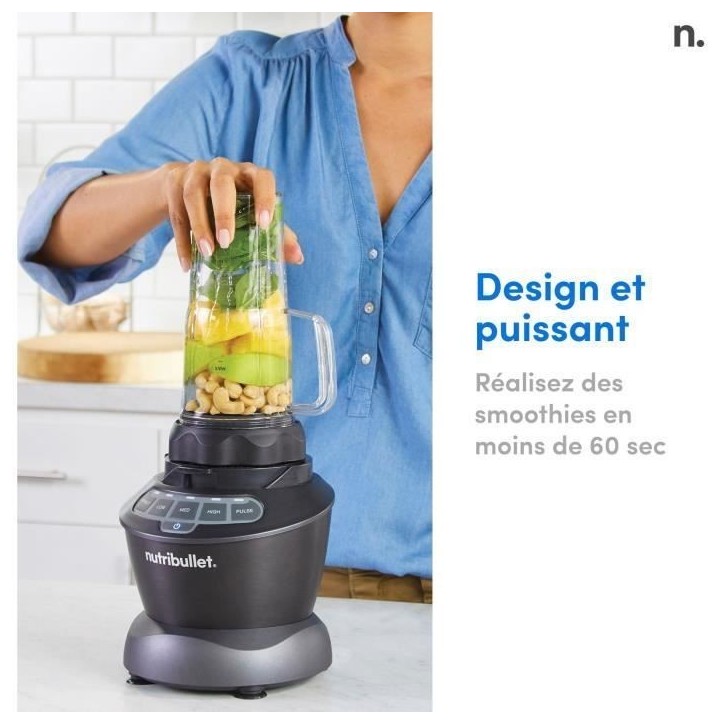 Blender - NUTRIBULLET Combo - NBF500DG - 1200 Watt - Pichet 1.65L - 2 tasses et 2 couvercles de voyage inclus - Noir - Sans BPA Blender - NUTRIBULLET Combo - NBF500DG - 1200 Watt - Pichet 1.65L - 2 tasses et 2 couvercles de voyage inclus - Noir - Sans BPA