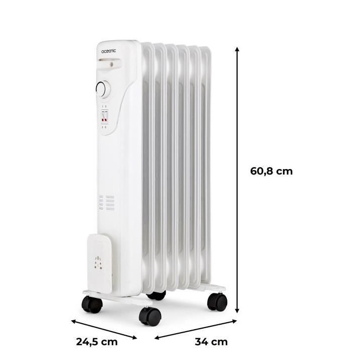 Radiateur électrique bain d'huile 1500W OCEANIC - 3 puissances - 7 éléments - Blanc - Mobile