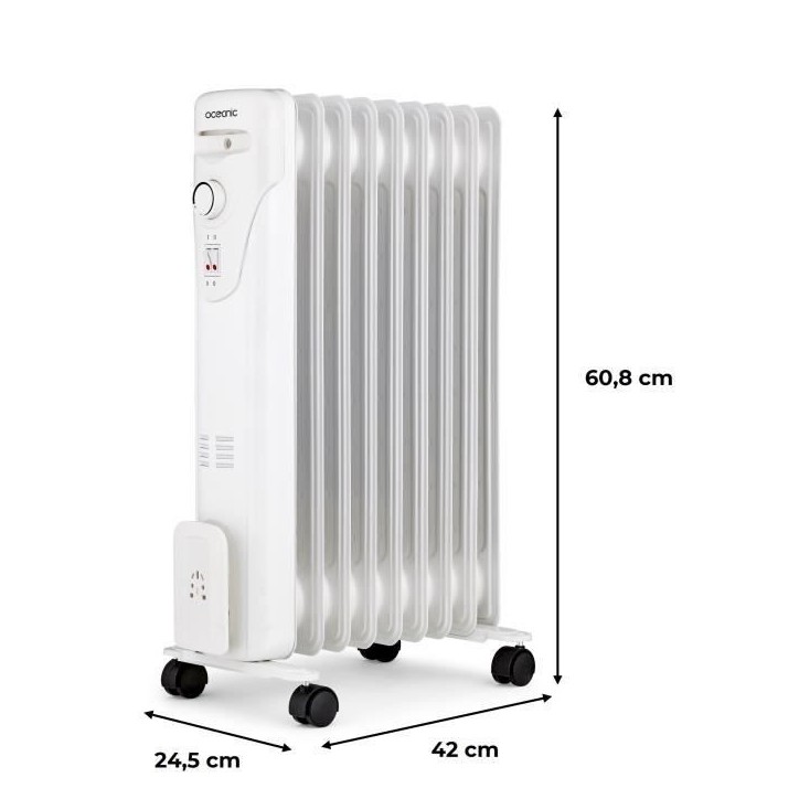 Radiateur bain d'huile électrique - 2000 Watts - OCEANIC - 3 puissances - 9 éléments - Mobile - Blanc
