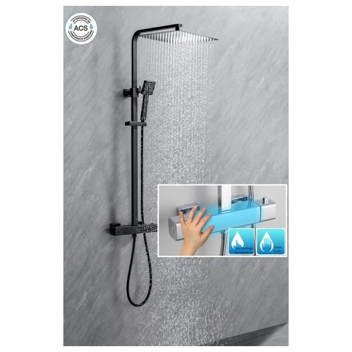 Colonne de douche OCEANIC - Mitigeur thermostatique corps froid - Pomme haute carrée 30x30 cm - Noir mat