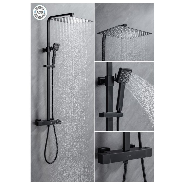 Colonne de douche OCEANIC - Mitigeur thermostatique corps froid - Pomme haute carrée 30x30 cm - Noir mat