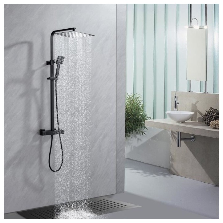 Colonne de douche OCEANIC - Mitigeur thermostatique corps froid - Pomme haute carrée 30x30 cm - Noir mat