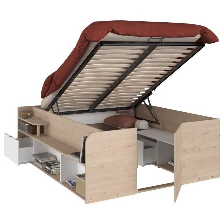 ODYSSEE Lit coffre adulte - 140x190/200 cm - Avec coffre relevable - Décor chene et Blanc - 168,3x66,5x209,5 cm ODYSSEE Lit coffre adulte - 140x190/200 cm - Avec coffre relevable - Décor chene et Blanc - 168,3x66,5x209,5 cm