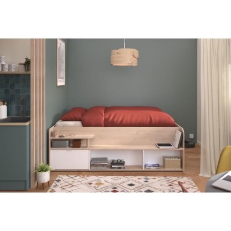 ODYSSEE Lit coffre adulte - 140x190/200 cm - Avec coffre relevable - Décor chene et Blanc - 168,3x66,5x209,5 cm