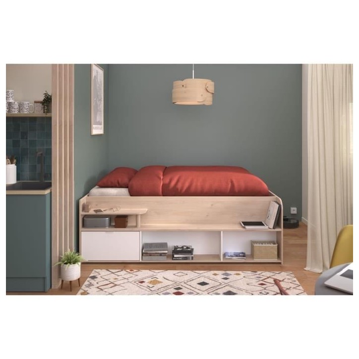 ODYSSEE Lit coffre adulte - 140x190/200 cm - Avec coffre relevable - Décor chene et Blanc - 168,3x66,5x209,5 cm ODYSSEE Lit coffre adulte - 140x190/200 cm - Avec coffre relevable - Décor chene et Blanc - 168,3x66,5x209,5 cm
