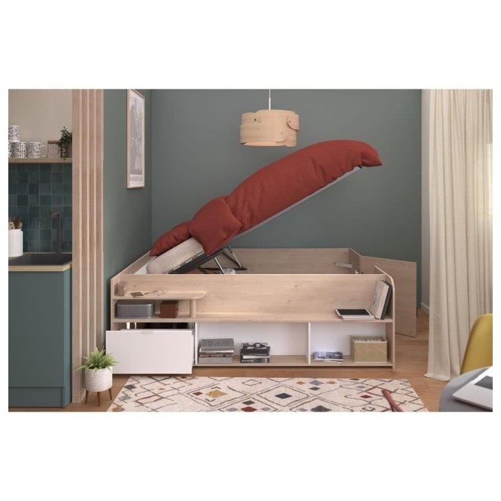 ODYSSEE Lit coffre adulte - 140x190/200 cm - Avec coffre relevable - Décor chene et Blanc - 168,3x66,5x209,5 cm ODYSSEE Lit coffre adulte - 140x190/200 cm - Avec coffre relevable - Décor chene et Blanc - 168,3x66,5x209,5 cm