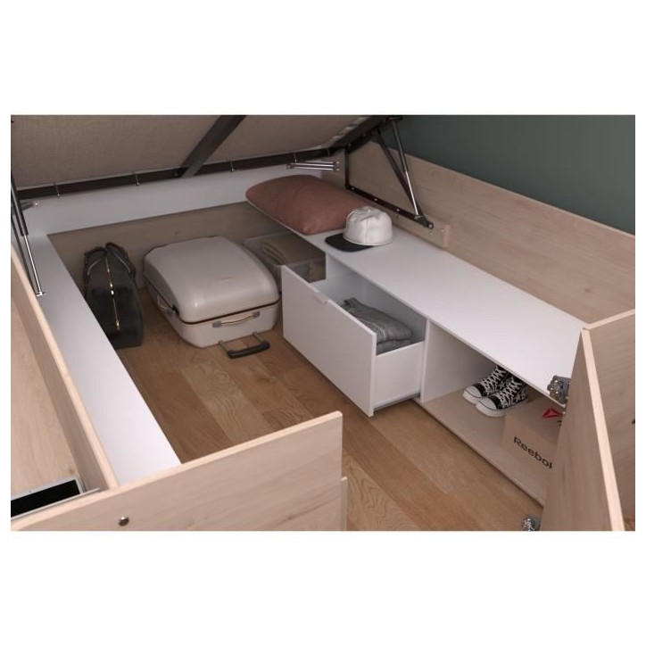 ODYSSEE Lit coffre adulte - 140x190/200 cm - Avec coffre relevable - Décor chene et Blanc - 168,3x66,5x209,5 cm ODYSSEE Lit coffre adulte - 140x190/200 cm - Avec coffre relevable - Décor chene et Blanc - 168,3x66,5x209,5 cm