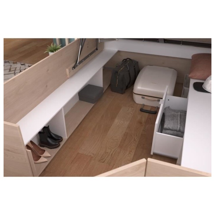 ODYSSEE Lit coffre adulte - 140x190/200 cm - Avec coffre relevable - Décor chene et Blanc - 168,3x66,5x209,5 cm ODYSSEE Lit coffre adulte - 140x190/200 cm - Avec coffre relevable - Décor chene et Blanc - 168,3x66,5x209,5 cm