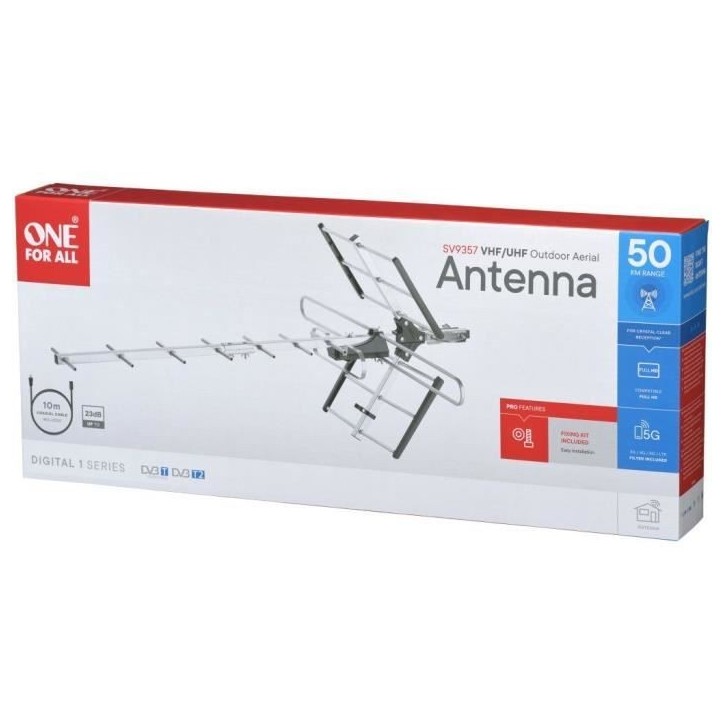 Antenne TV Extérieure ONE FOR ALL SV9357 Professional Line VHF/UHF amplifiée, full HD, filtre 5G, montage simple Antenne TV Extérieure ONE FOR ALL SV9357 Professional Line VHF/UHF amplifiée, full HD, filtre 5G, montage simple