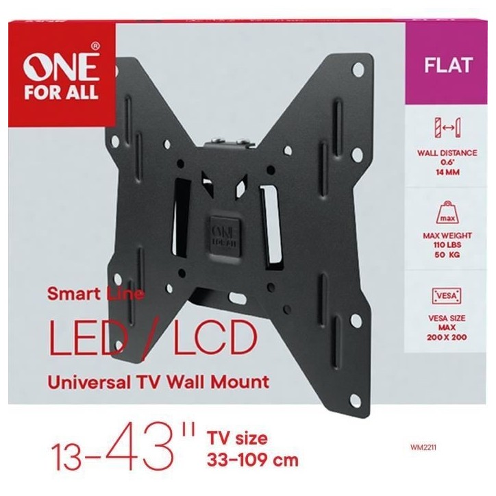 ONE FOR ALL WM2211 Support mural pour TV de 33 a 109cm (13-43) - Poids max. : 50kgs - Fixe - Garantie 10 ans ONE FOR ALL WM2211 Support mural pour TV de 33 a 109cm (13-43) - Poids max. : 50kgs - Fixe - Garantie 10 ans
