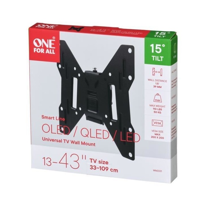 ONE FOR ALL WM2221 Support TV Smart 33-109 cm (13-43'') - Poids max. : 50kgs - Inclinable 15° - Garantie 10 ans ONE FOR ALL WM2221 Support TV Smart 33-109 cm (13-43'') - Poids max. : 50kgs - Inclinable 15° - Garantie 10 ans