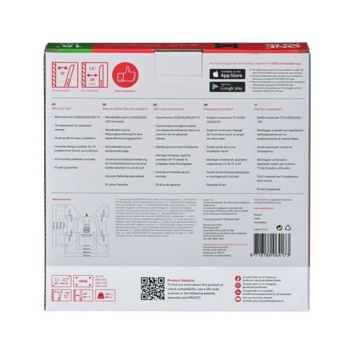 ONE FOR ALL WM2221 Support TV Smart 33-109 cm (13-43'') - Poids max. : 50kgs - Inclinable 15° - Garantie 10 ans ONE FOR ALL WM2221 Support TV Smart 33-109 cm (13-43'') - Poids max. : 50kgs - Inclinable 15° - Garantie 10 ans