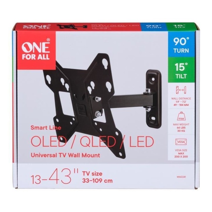 ONE FOR ALL WM2241 Support mural avec réglage d'inclinaison et de rotation (90°) pour TV de 13 a 43 (33 a 109cm) - Poids max : ONE FOR ALL WM2241 Support mural avec réglage d'inclinaison et de rotation (90°) pour TV de 13 a 43 (33 a 109cm) - Poids max :
