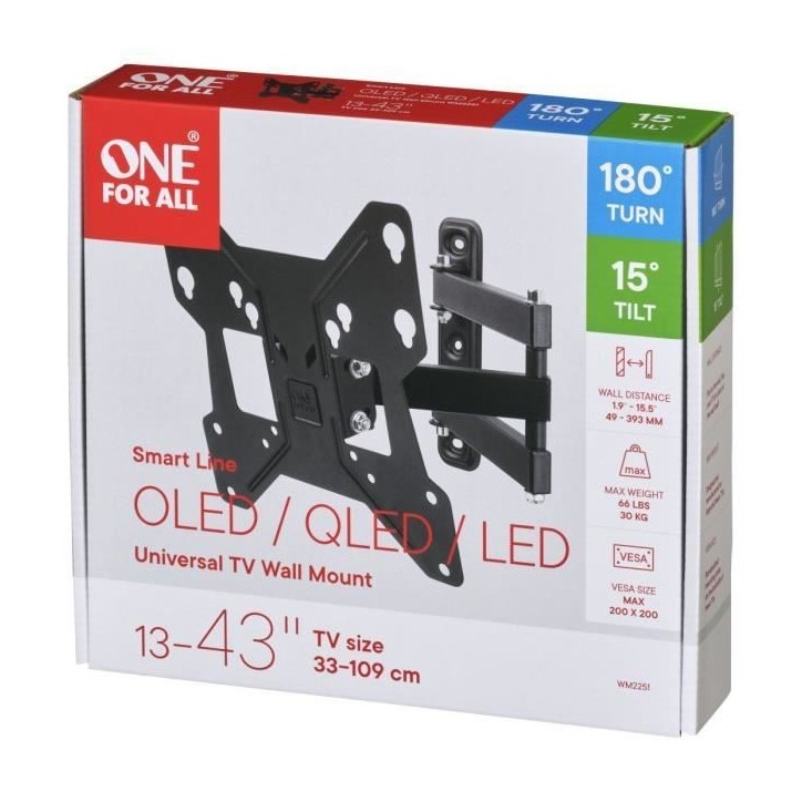 ONE FOR ALL WM2241 Support mural inclinable (15°) et orientable (180°) pour TV de 13 a 43 (33 a 109cm) - Poids max : 30kg ONE FOR ALL WM2241 Support mural inclinable (15°) et orientable (180°) pour TV de 13 a 43 (33 a 109cm) - Poids max : 30kg