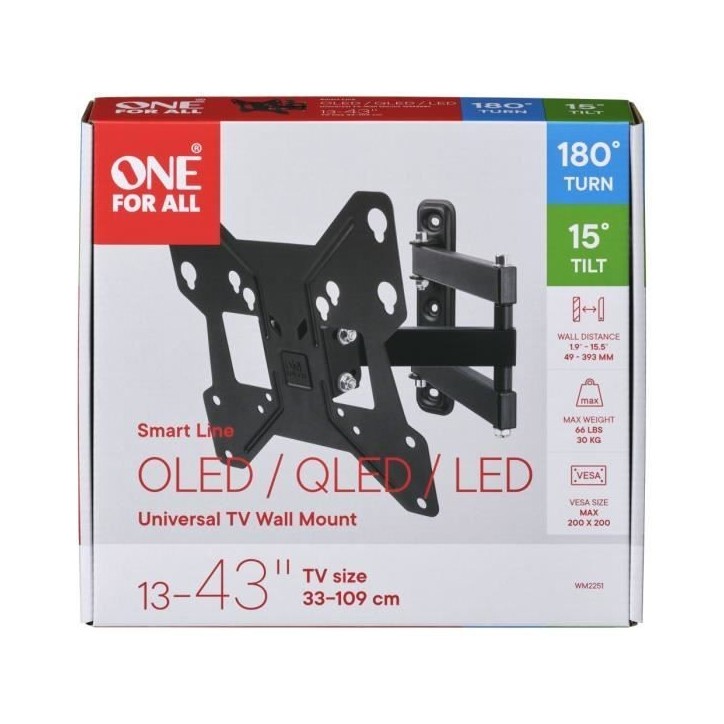 ONE FOR ALL WM2241 Support mural inclinable (15°) et orientable (180°) pour TV de 13 a 43 (33 a 109cm) - Poids max : 30kg ONE FOR ALL WM2241 Support mural inclinable (15°) et orientable (180°) pour TV de 13 a 43 (33 a 109cm) - Poids max : 30kg