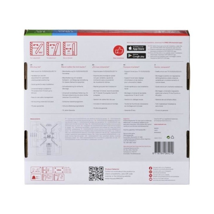 ONE FOR ALL WM2241 Support mural inclinable (15°) et orientable (180°) pour TV de 13 a 43 (33 a 109cm) - Poids max : 30kg ONE FOR ALL WM2241 Support mural inclinable (15°) et orientable (180°) pour TV de 13 a 43 (33 a 109cm) - Poids max : 30kg