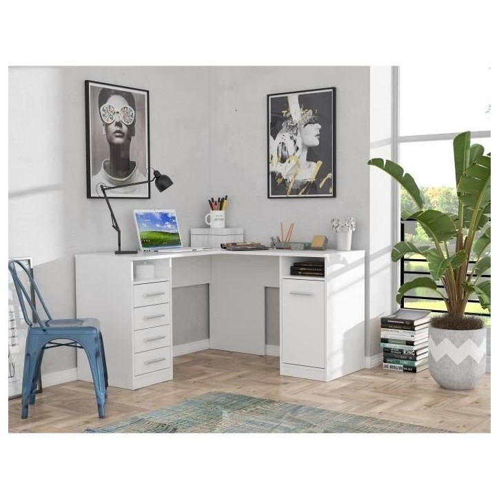 TOLEDE Bureau d'angle 1 porte 4 tiroirs - Décor papier blanc - L 125 x P 125 x H 75 cm TOLEDE Bureau d'angle 1 porte 4 tiroirs - Décor papier blanc - L 125 x P 125 x H 75 cm