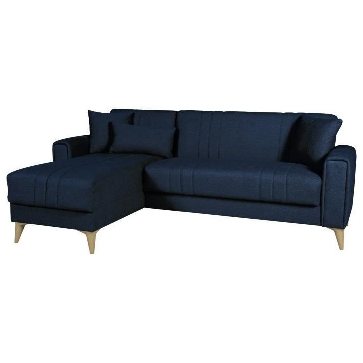 Canapé d'angle convertible réversible - 3 / 4 personnes - OMEGA - Tissu bleu foncé - Coffre - 3 coussins - 225 x 81/151 x 84 Canapé d'angle convertible réversible - 3 / 4 personnes - OMEGA - Tissu bleu foncé - Coffre - 3 coussins - 225 x 81/151 x 84