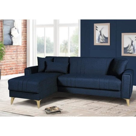 Canapé d'angle convertible réversible - 3 / 4 personnes - OMEGA - Tissu bleu foncé - Coffre - 3 coussins - 225 x 81/151 x 84
