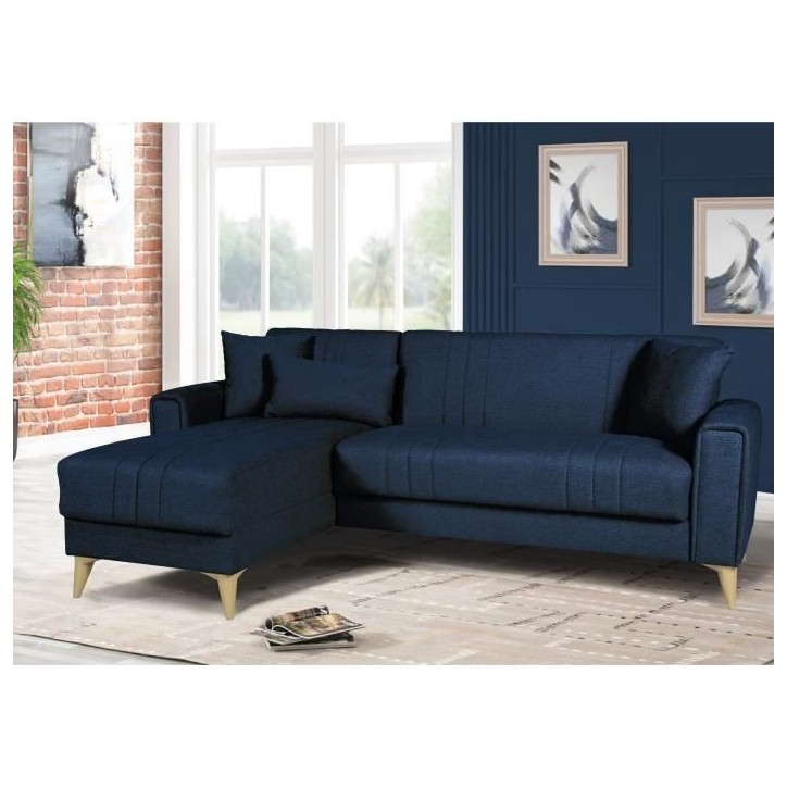 Canapé d'angle convertible réversible - 3 / 4 personnes - OMEGA - Tissu bleu foncé - Coffre - 3 coussins - 225 x 81/151 x 84 Canapé d'angle convertible réversible - 3 / 4 personnes - OMEGA - Tissu bleu foncé - Coffre - 3 coussins - 225 x 81/151 x 84