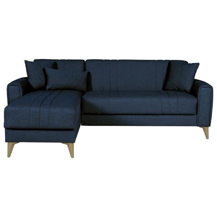 Canapé d'angle convertible réversible - 3 / 4 personnes - OMEGA - Tissu bleu foncé - Coffre - 3 coussins - 225 x 81/151 x 84 Canapé d'angle convertible réversible - 3 / 4 personnes - OMEGA - Tissu bleu foncé - Coffre - 3 coussins - 225 x 81/151 x 84