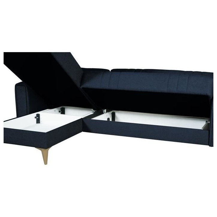 Canapé d'angle convertible réversible - 3 / 4 personnes - OMEGA - Tissu bleu foncé - Coffre - 3 coussins - 225 x 81/151 x 84 Canapé d'angle convertible réversible - 3 / 4 personnes - OMEGA - Tissu bleu foncé - Coffre - 3 coussins - 225 x 81/151 x 84